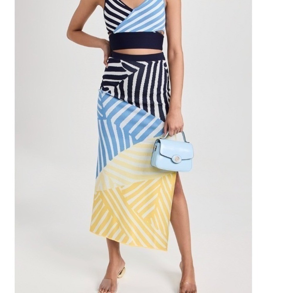 STAUD Karina Geometric Stripe Chevron Knit Midi Skirt Navy Yellow NWT XL